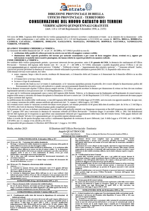 Conservazione del Nuovo Catasto Terreni  Verificazioni quinquennali gratuite - artt. 118 e 119 del Regolamento 8 dicembre 1938, n. 2153. 
Pubblicazione Manifesto