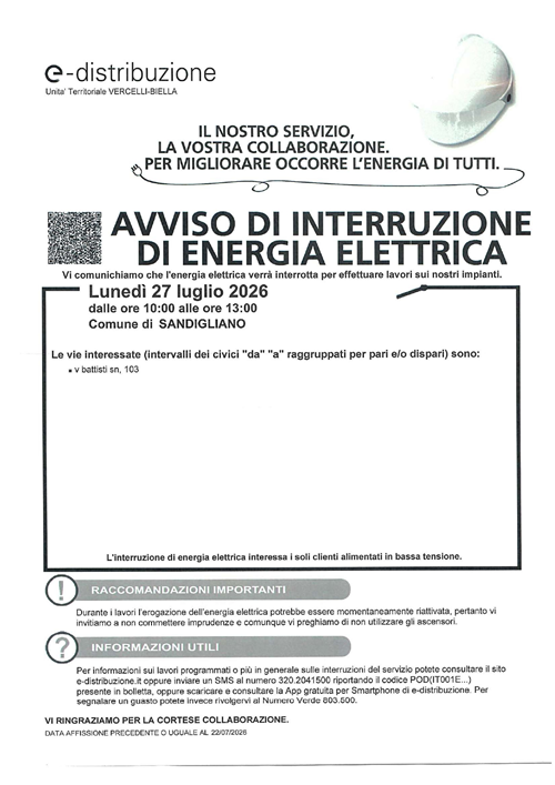 Avviso di interruzione di energia elettrica