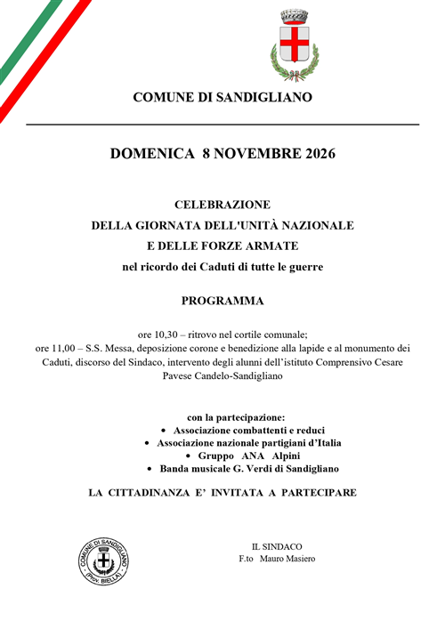 Domenica 8 novembre 2026 celebrazione della giornata dell'unità nazionale e delle forze armate